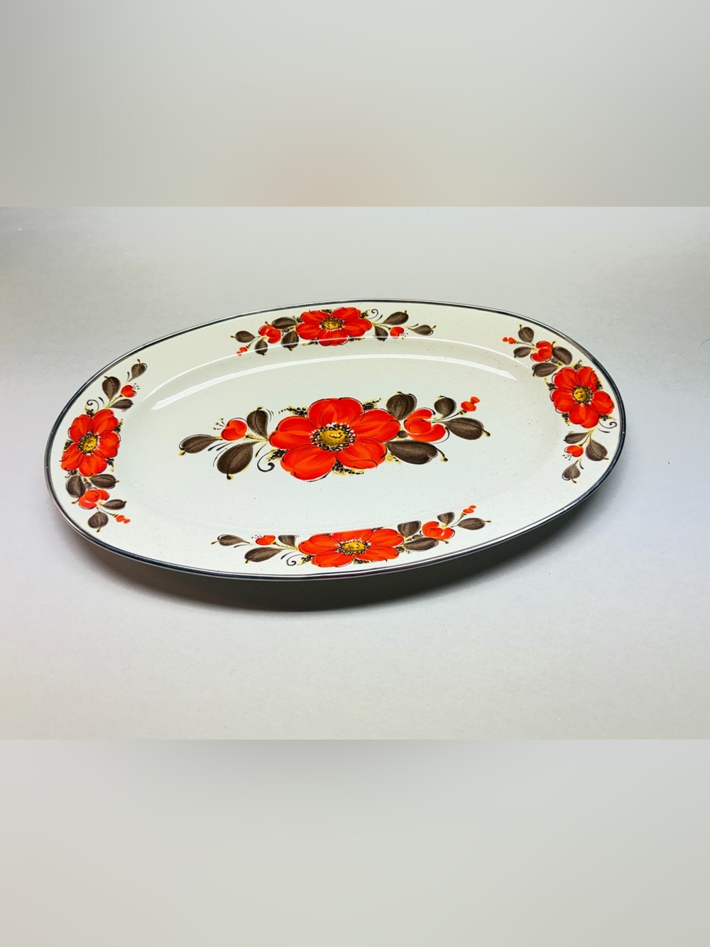 Vintage Show’pans Sanko Ware Japan Enamelware Floral Serving Tray Retro MCM